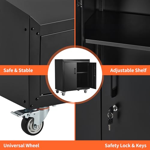 2 Door Tool Cabinets for Garage, Lockable Metal Storage Cabinet with Adjustable Shelves, Rolling Tool Chest, Garage Storage Cabinet with Wheels