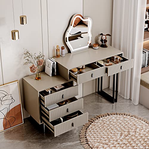 Makeup Vanity Desk with Cloud Lighted Mirror with Power Outlet and LED Strip, 3 Color Lighting Modes with Adjustable Brightness