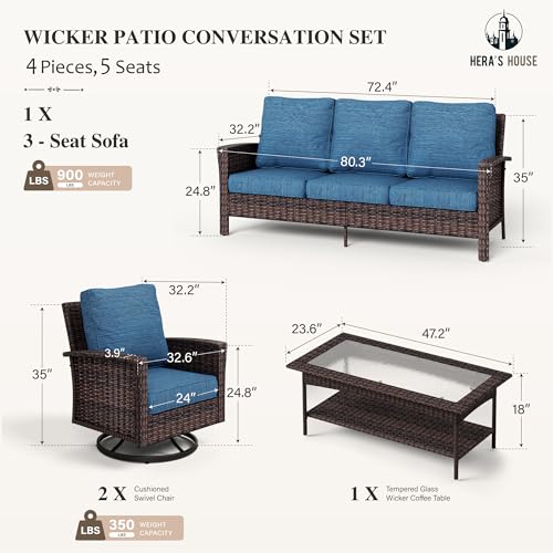 HERA'S HOUSE High Back Patio Furniture Set with Swivel Chairs, Outdoor Wicker Conversation Sets with 5.5" Comfy Cushions, 4 Piece Outside Sofa Sets