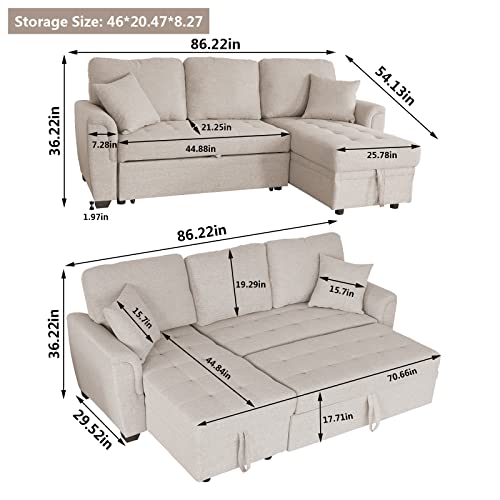 Aoowow Upholstered Sectional Sofa with Reversible Storage Chaise Lounge, Linen Fabric Pull Out Sofa Bed with 2 Throw Pillows, 86 Inch L-Shaped Couch