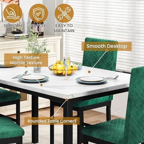 RUNFAYBIU Dining Table Set for 4 Kitchen Table and Chairs Set of 4 Faux Marble Dining Room Table Set Dinner Table with 4 Velvet Upholstered Dining