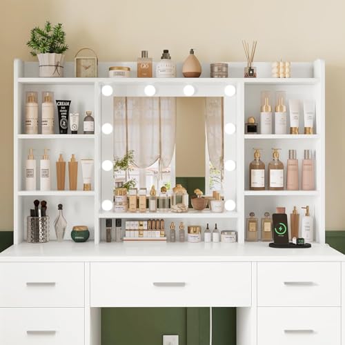 Vanity Desk with Mirror and Lights, Power Outlet, Makeup Vanity with 9 Drawers & 6 Open Storage Shelves, 3 Lighting Modes Brightness Adjustable, White