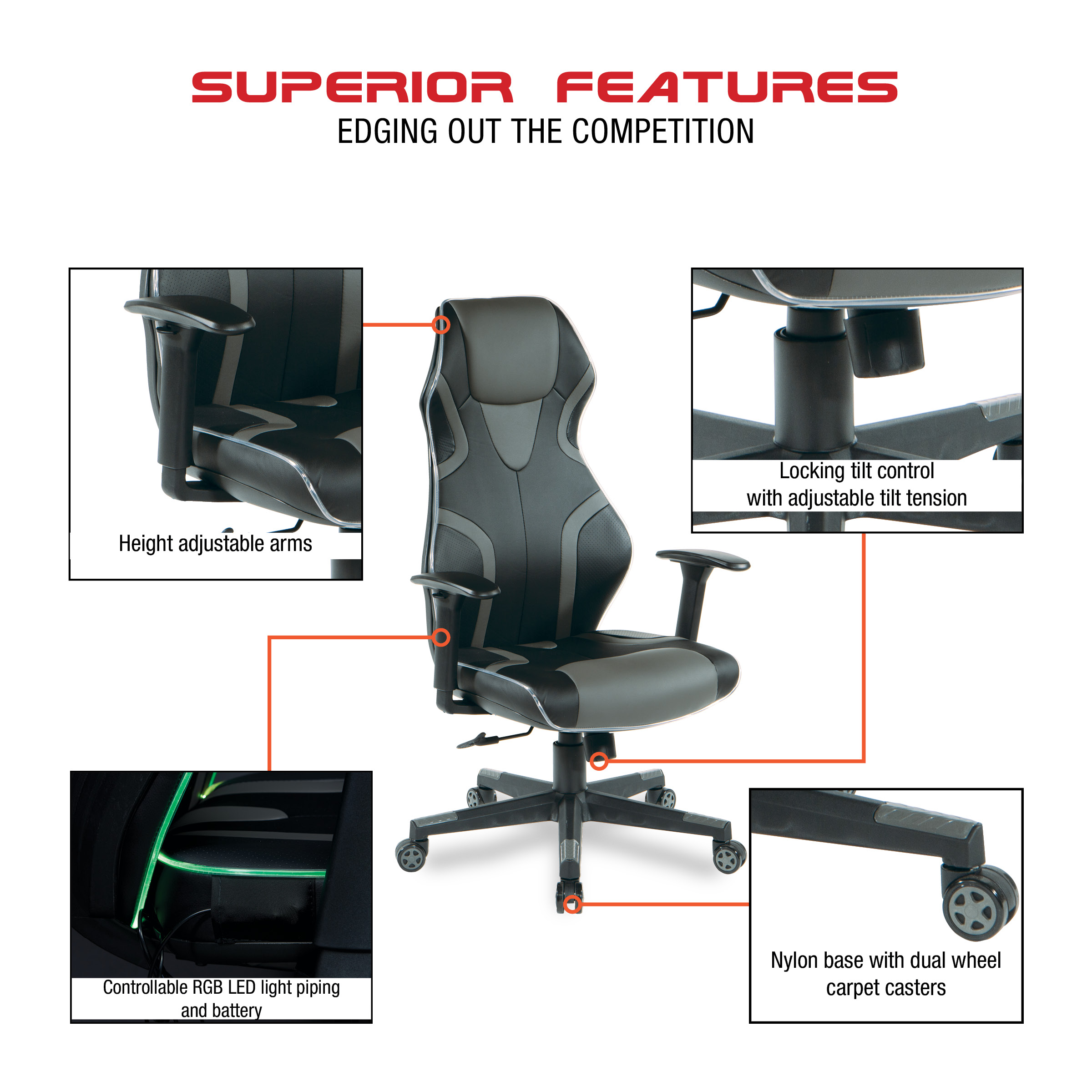 OSP Home Furnishings Lumbar Support & Adjustable Swivel Gaming Chair, Gray