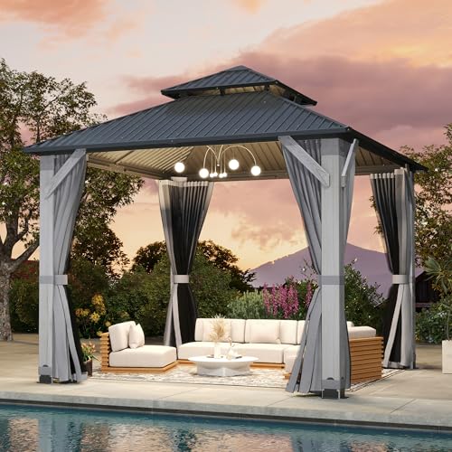 12'x12' Hardtop Gazebo, Outdoor Double Roof Galvanized Steel Gazebos, Aluminum Frame Permanent Pavilion with Curtains & Netting for Backyard, Patio