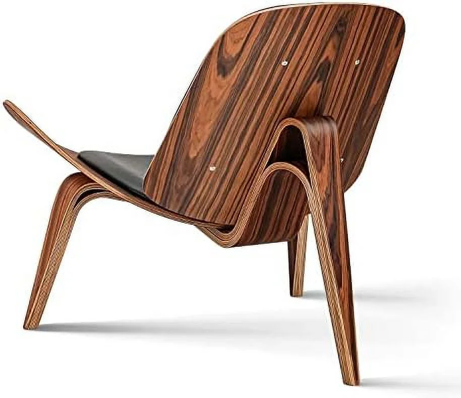 TJUNBOLIFE Mid Century Modern Shell Lounge Chair PU Leather Tripod Plywood Classic Design Solid Wood Accent Chairs for Living Room Reading Lounge