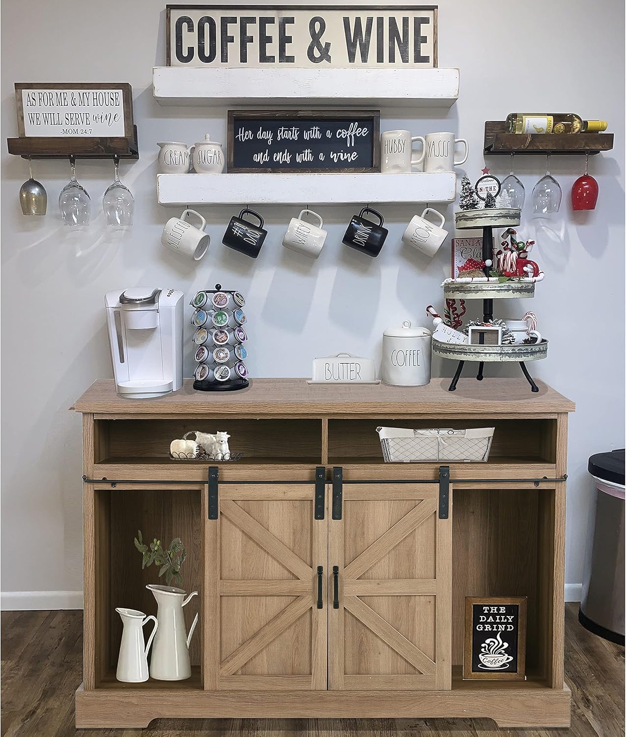 Farmhouse Coffee Bar Cabinet - Sliding Barn Door Kitchen Storage Buffet Cabinet