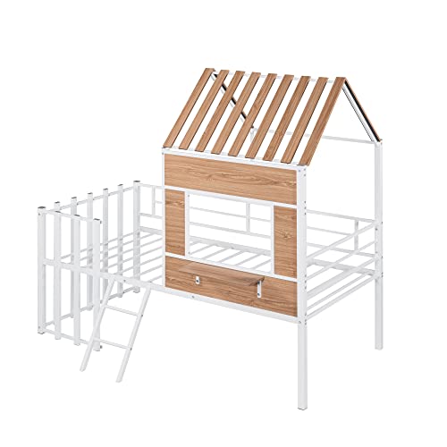 Harper & Bright Designs Kids House Beds Low Loft Bed Frame with Roof, Window, Guardrail and Ladder