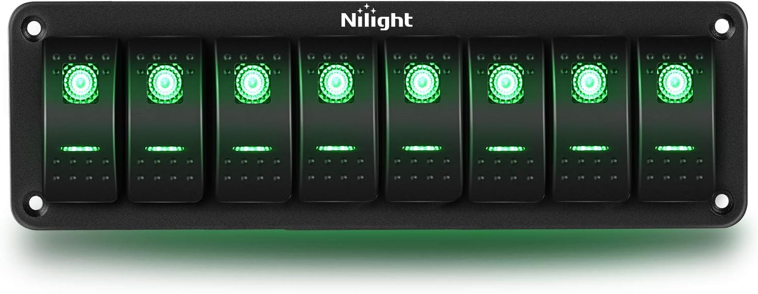 Nilight 8 Gang Rocker Switch Panel 5Pin On Off Toggle Switch Aluminum Holder 12V 24V Dash Pre-Wired Green Backlit Switches for Automotive Cars Marine