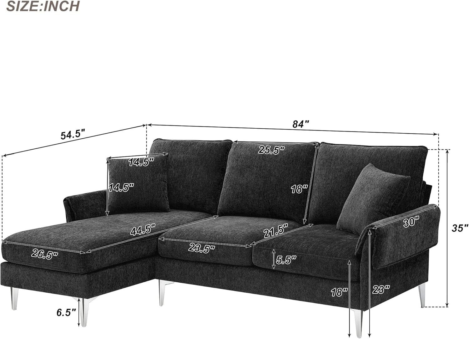84" Convertible Sectional Sofa with 2 Pillows,Modern Chenille L-Shaped Metal Frame Couch W/Reversible Chaise Lounge,for Dorms,Apartments,Studios,Black