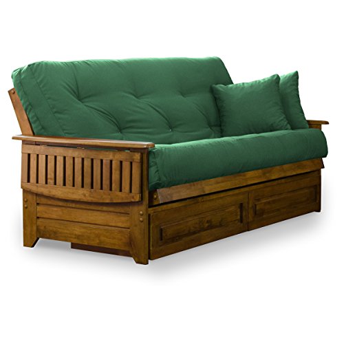 Nirvana Futons Brentwood Tray Arm Futon Frame, Drawers, and Burgundy Mattress Set - Queen, Rich Heritage Finish