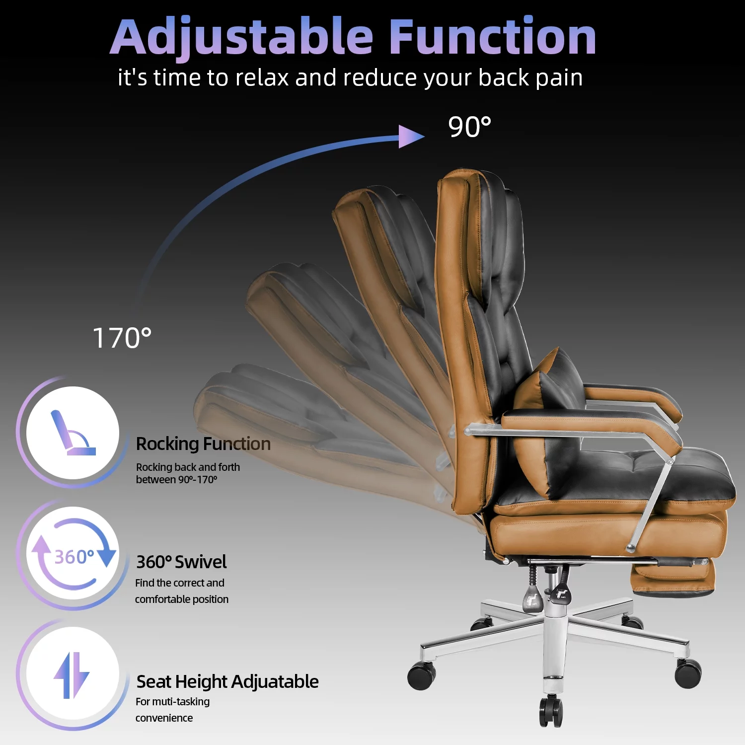HomeZeer Big and Tall Office Chair 500 lbs, PU Leather Executive Chair Heavy Duty Desk Chairs Ergonomic Reclining Office Chair with Footrest, Black