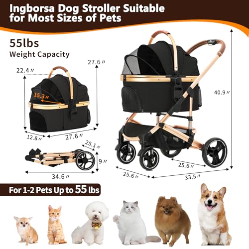 Pet Stroller 3 in 1 Folding Lightweight Dog Stroller with Detachable Carrier & Storage Basket, Premium 4 Wheels Travel for Puppies, Doggies