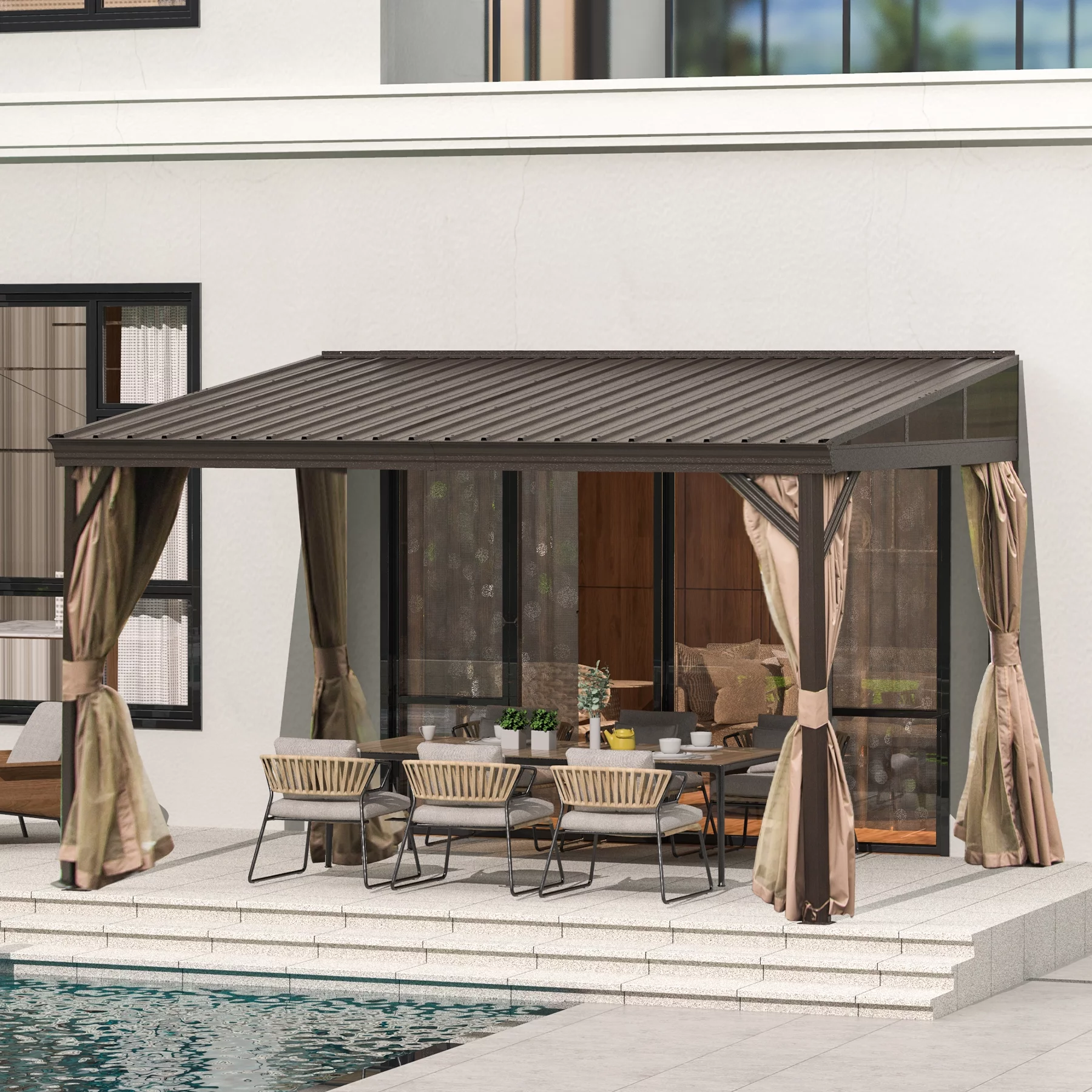 Domi 10x12FT Lean to Gazebo, Hardtop Wall Mounted Gazebo with Sloping Galvanized Steel Roof, Wall Pergola with Aluminum Frame, Curtains and Netting