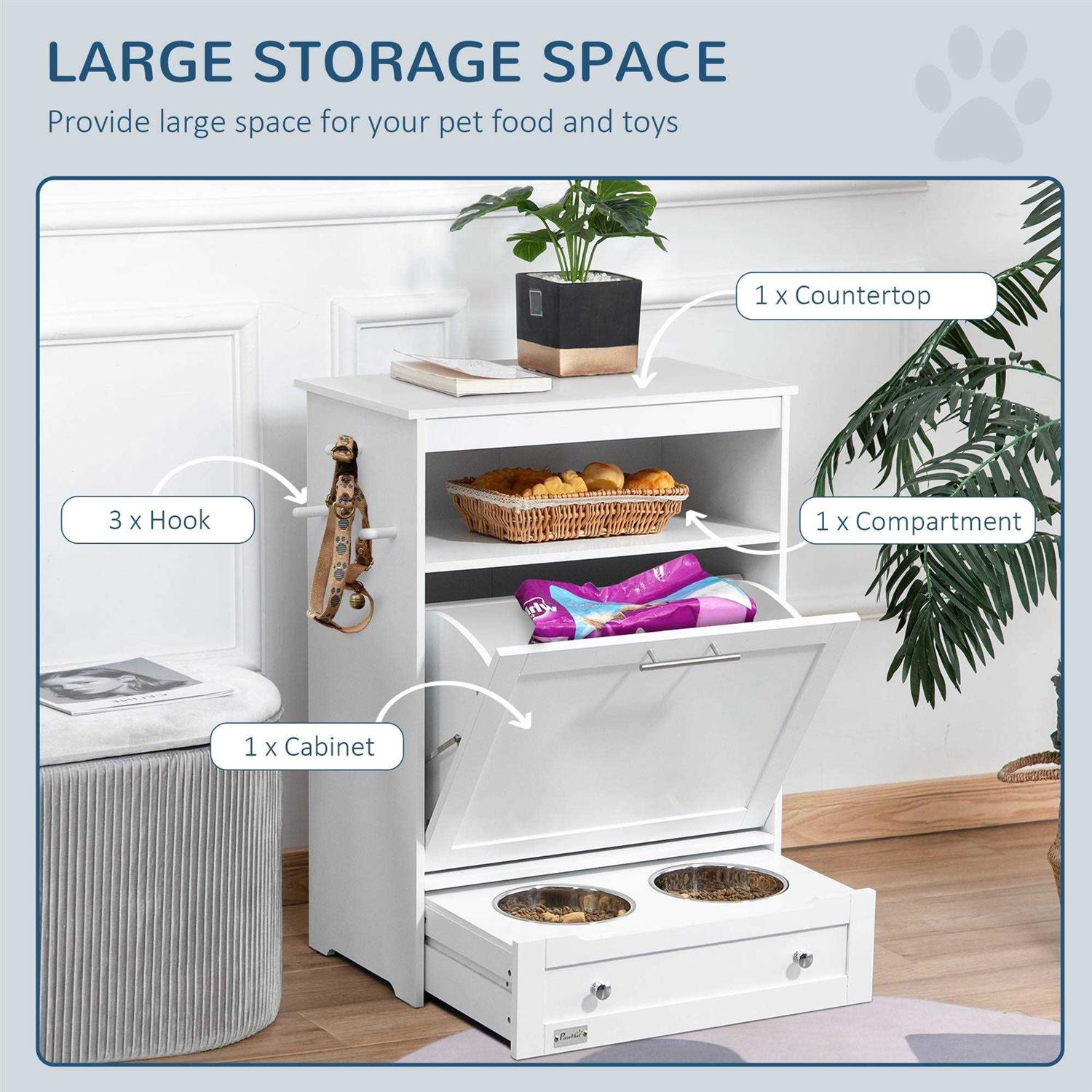 PawHut Pet Feeder Station Storage Cabinet, Dog Food Storage Container with Dog Raised Bowls and Hanger for Feeding &amp; Watering Supplies