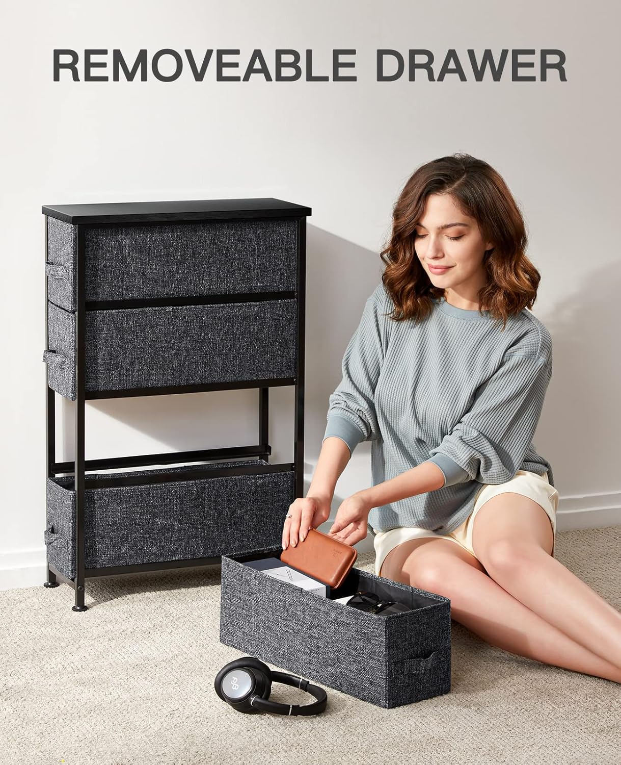 Pipishell Fabric Dresser, Narrow Vertical Dresser Chest Storage Tower with 4 Fabric Drawer, Tall Storage Dresser for Bedroom, Living Room