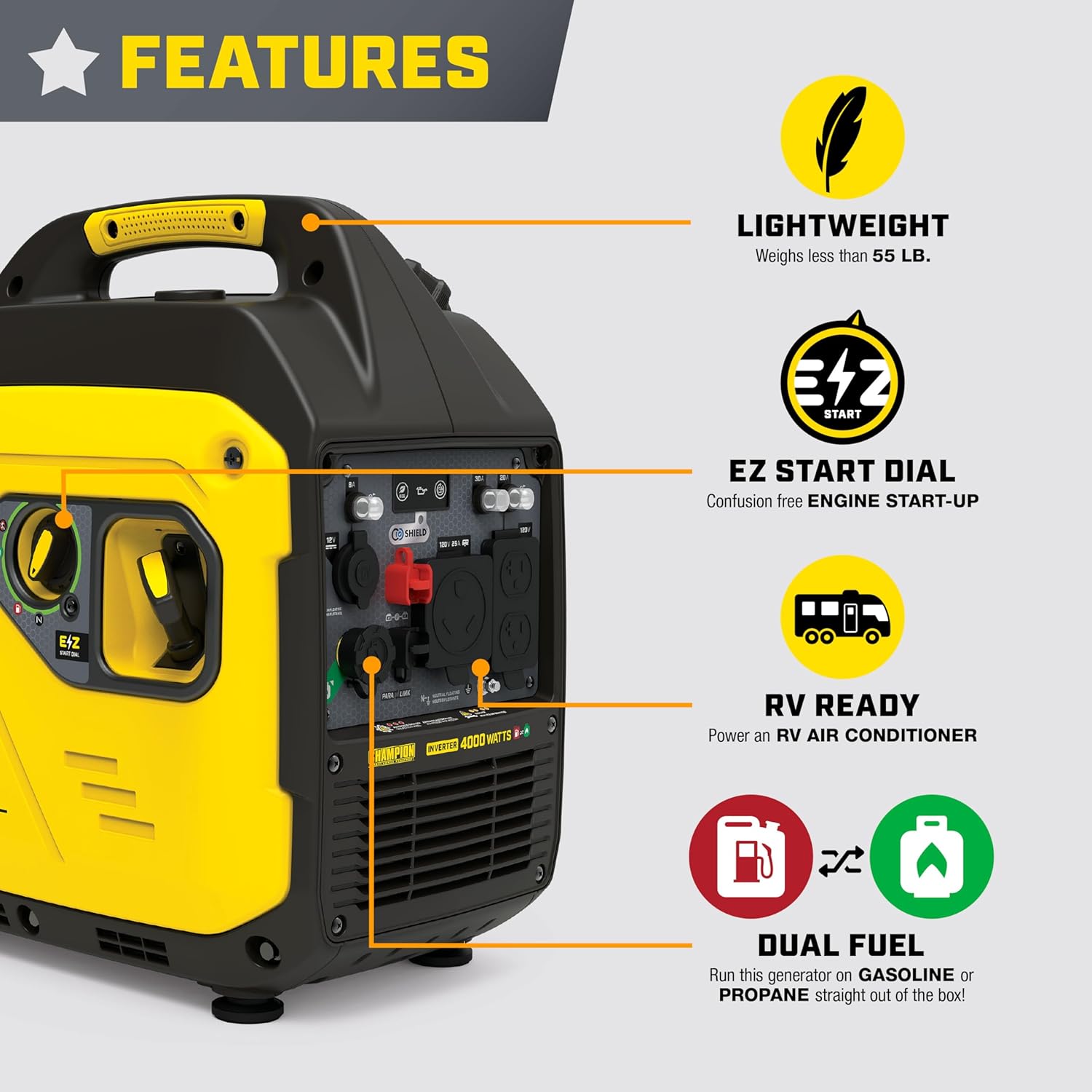 Champion Power Equipment 4000-Watt Dual Fuel RV Ready Portable Inverter Generator with Quiet Technology and CO Shield