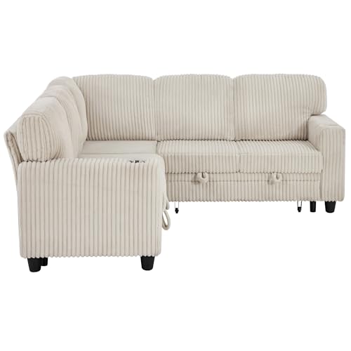 L-Shaped Pull Out Sleep Sofabed,Modern Reversible Sleeper Sectional Sofa Chenille Upholstered Button Tufted Decor with Storage Chaise