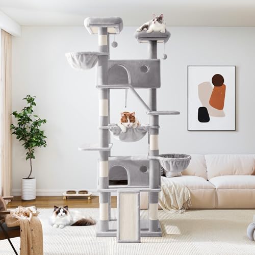 Allewie 81 Inches Tall Cat Tree/Multi-Level Large Climbing Tree House and Towers for Big Feline/Condo and Hammock/Scratching Post/Wide Base/Dark Grey