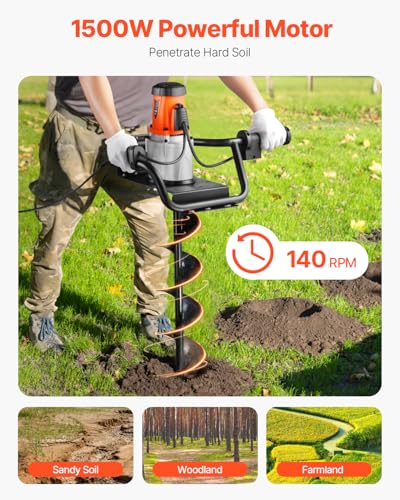 VEVOR Electric Post Hole Digger, 5.71 in Auger Bit with 1500W Powerful Motor, 140 RPM Alloy Steel Earth Auger Drill Bit with 10.24 in Extension Rod
