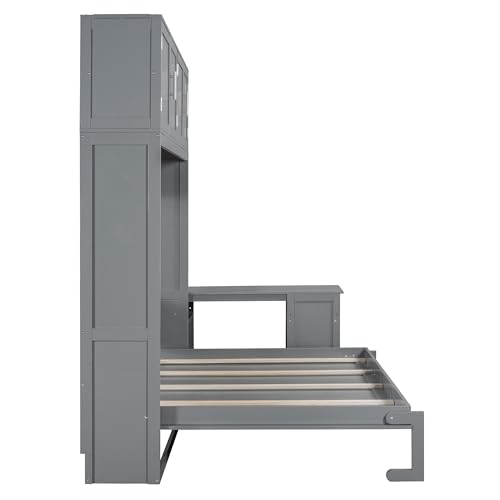 Queen Size Murphy Bed Wall Bed with Desk and Closet,Drawers and Shelves,for Small Spaces Studio Study Office Guest Room Use (Gray#Desk, Queen)