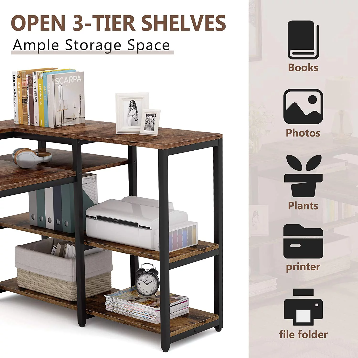 Tribesigns Reversible L Shaped Computer Desk with Hutch and Shelf Industrial Home Office Desk Rustic Brown