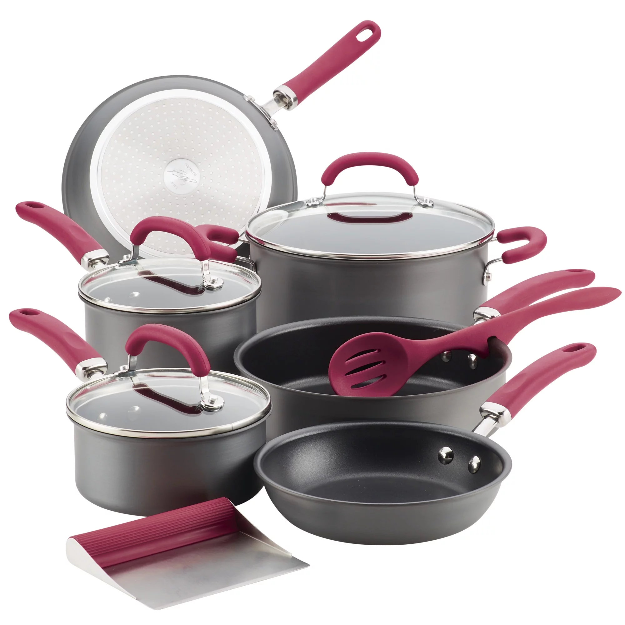 Rachael Ray Create Delicious 11 Piece Nonstick Pots and Pans Set, Burgundy Handles