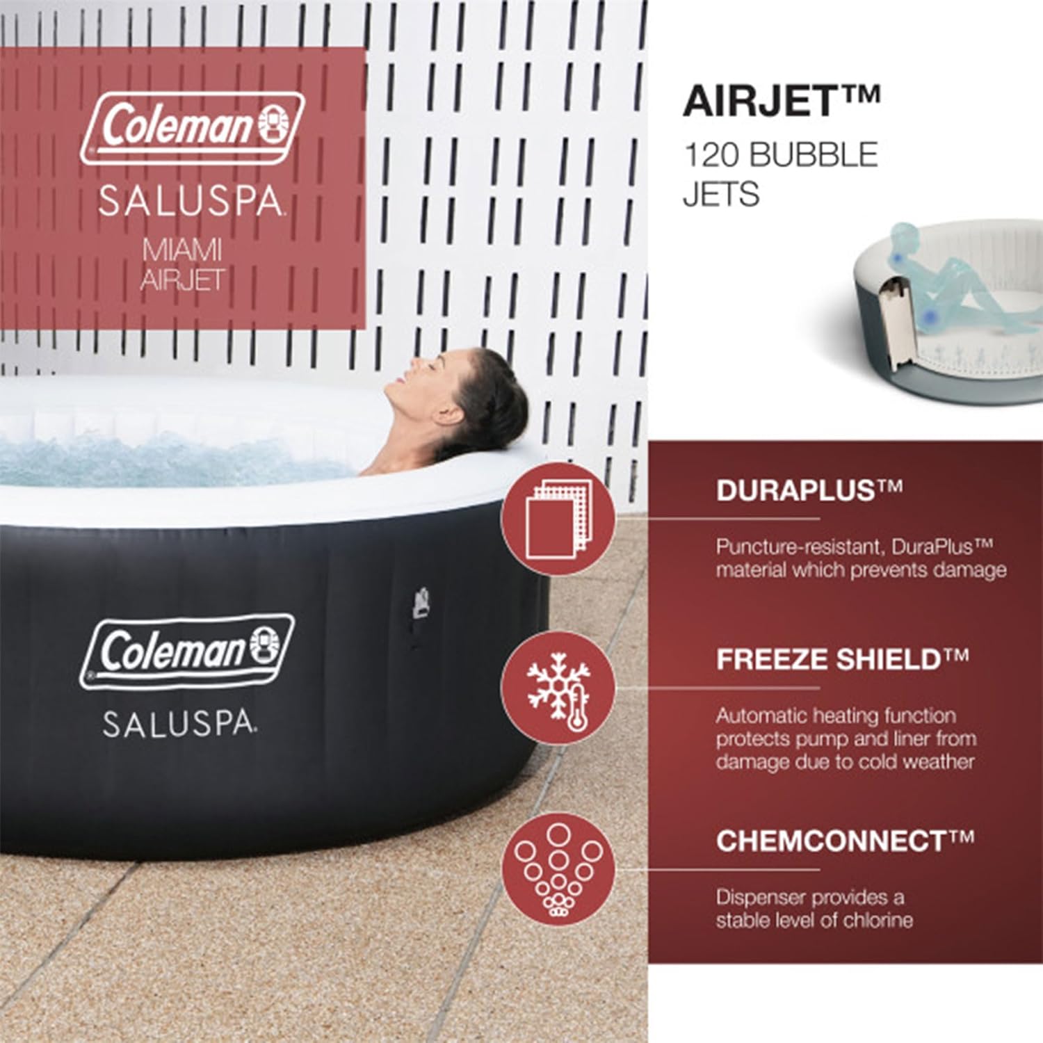 Coleman 4 Person Capacity Inflatable Portable Round Hot Tub with 60 Air Jets, Tub Cover and Pump, Durable Thick Material for Outdoor Use, Black