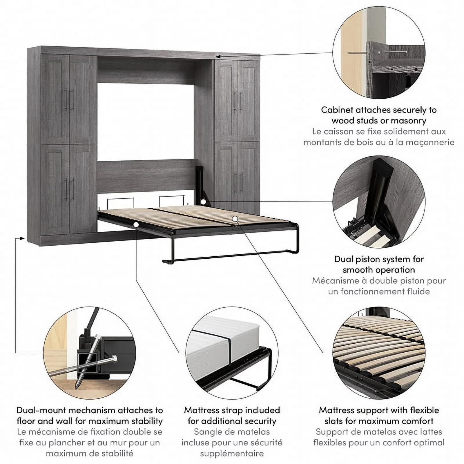 Bestar Pur Engineered Wood Full Murphy Bed with Storage Cabinets in Bark Gray
