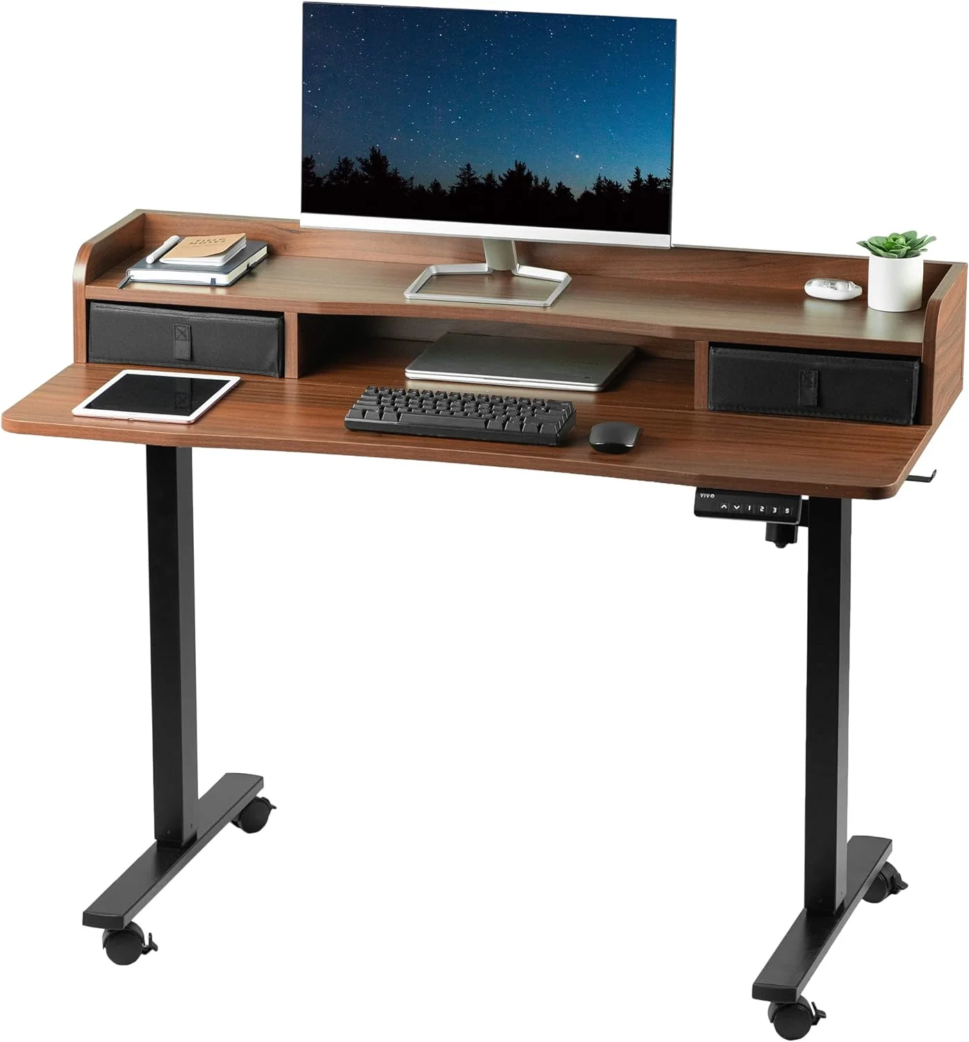Electric 2-Tier Height Adjustable X 24 Inch Stand Up Desk, Mobile Table With Storage Drawers, Standing Workstation With Memory Controller, Casters