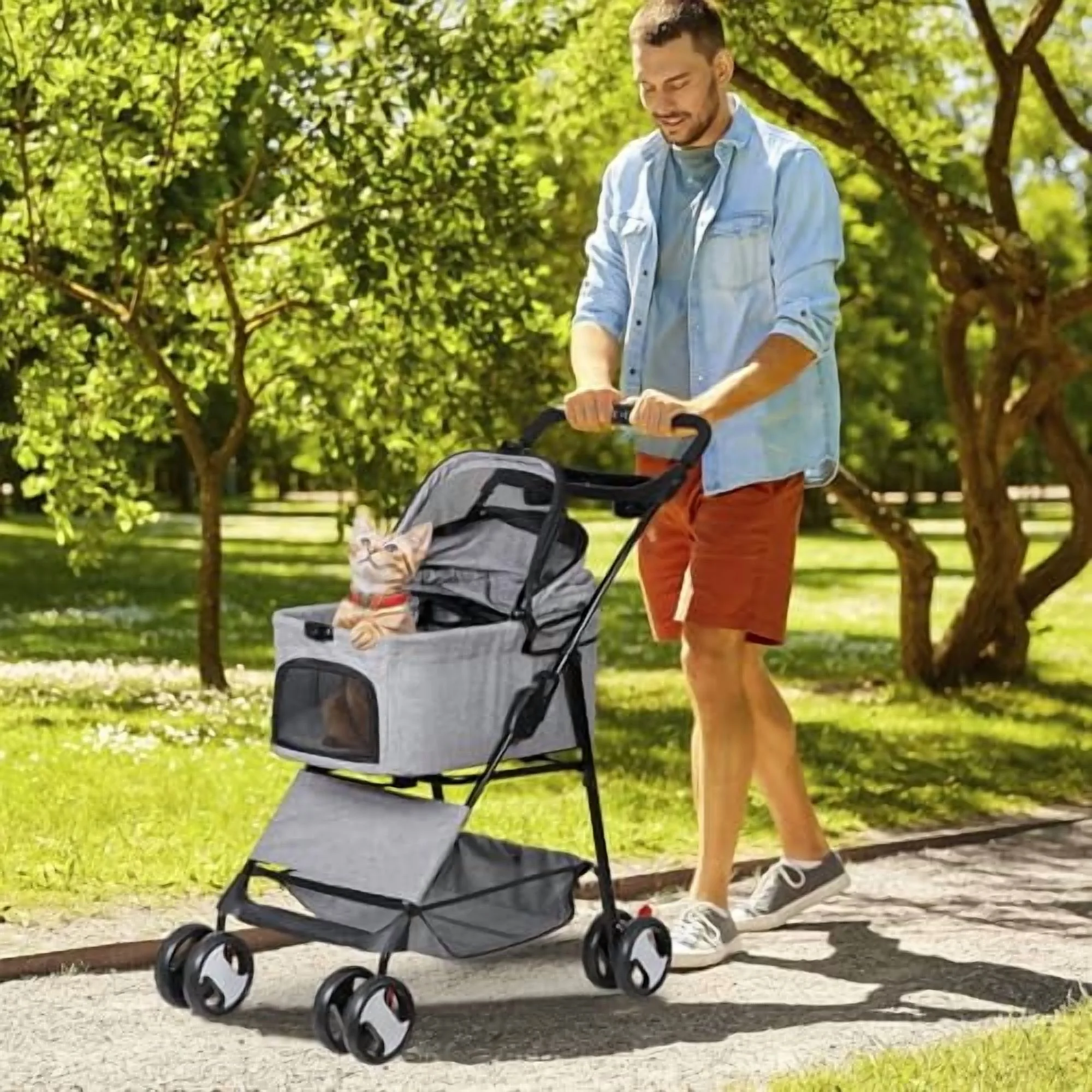 4 Wheels Foldable Pet Dog Cat Jogger Stroller Travel Carrier Strolling Cart w/Waterproof Cover Storage Basket Cup Holder &amp