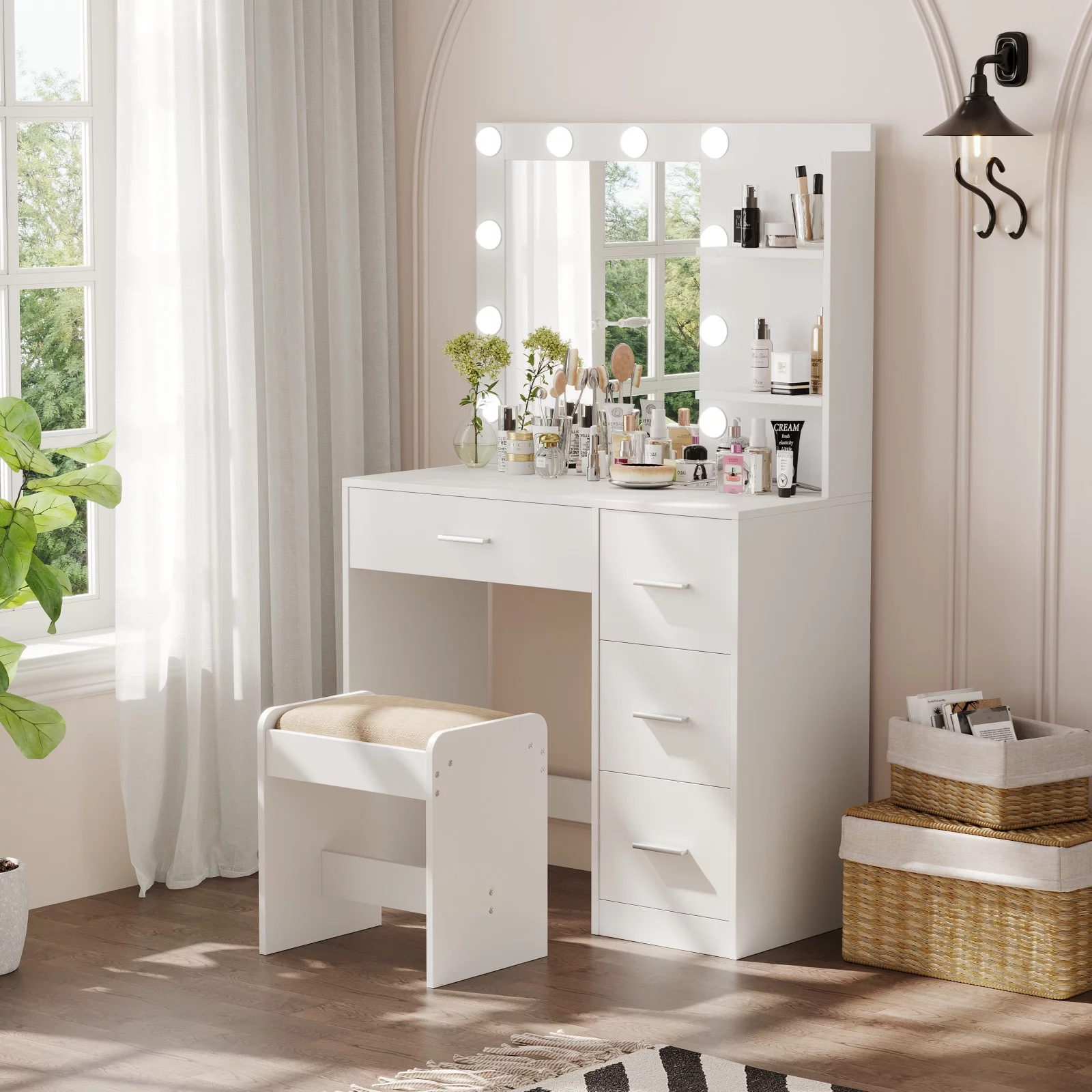 Rovaurx Makeup Vanity Table with Lighted Mirror, Makeup Vanity Desk with Storage Shelf and 4 Drawers, Bedroom Dressing Table, 10 LED Lights
