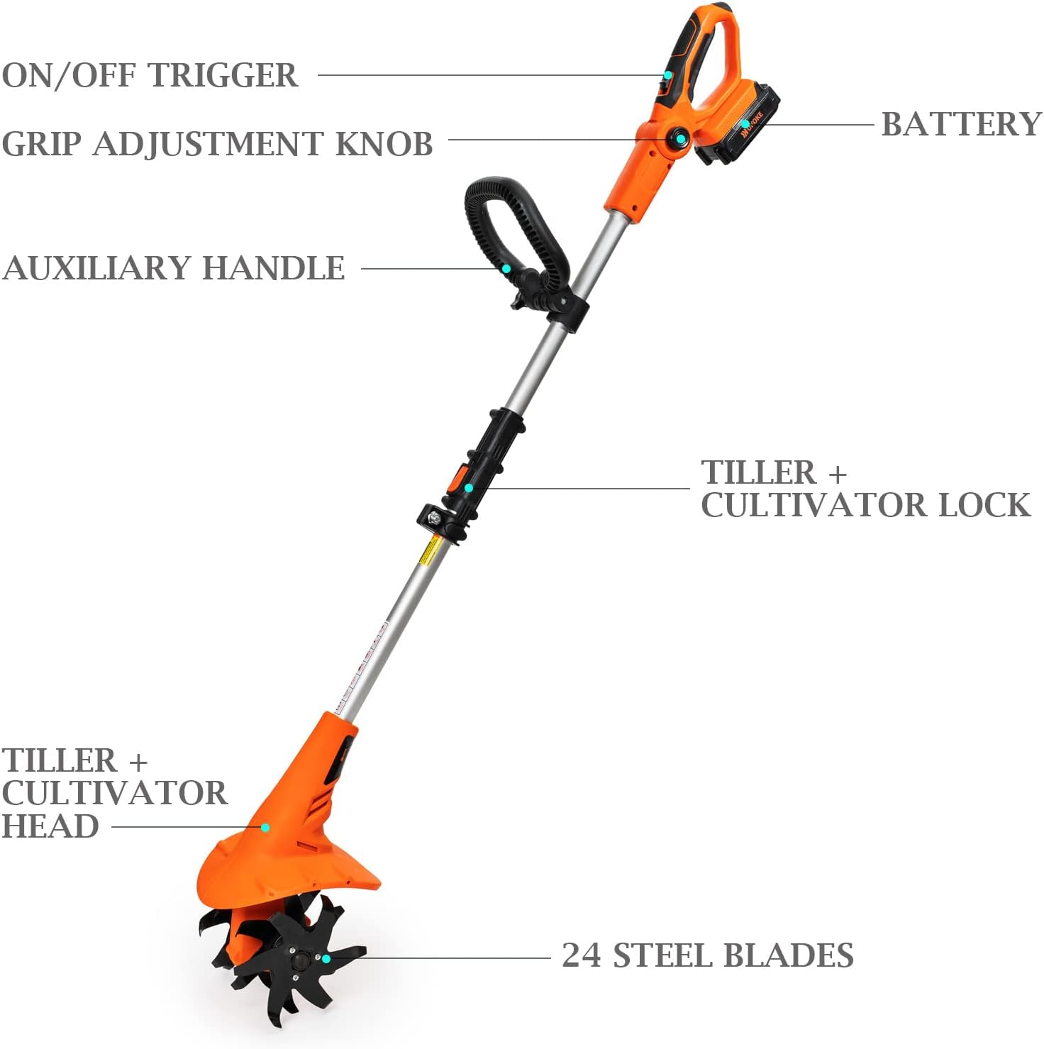 Ukoke Cordless Tiller Cultivator 20V 2.5 A Battery 280 max RPM Powered Tiller Cultivator