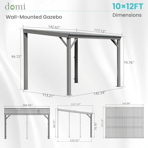 Domi 10' x 14' Lean to Gazebo, Wall Mounted Gazebos Pergola with Built in Drainage System, Galvanized Steel Roof