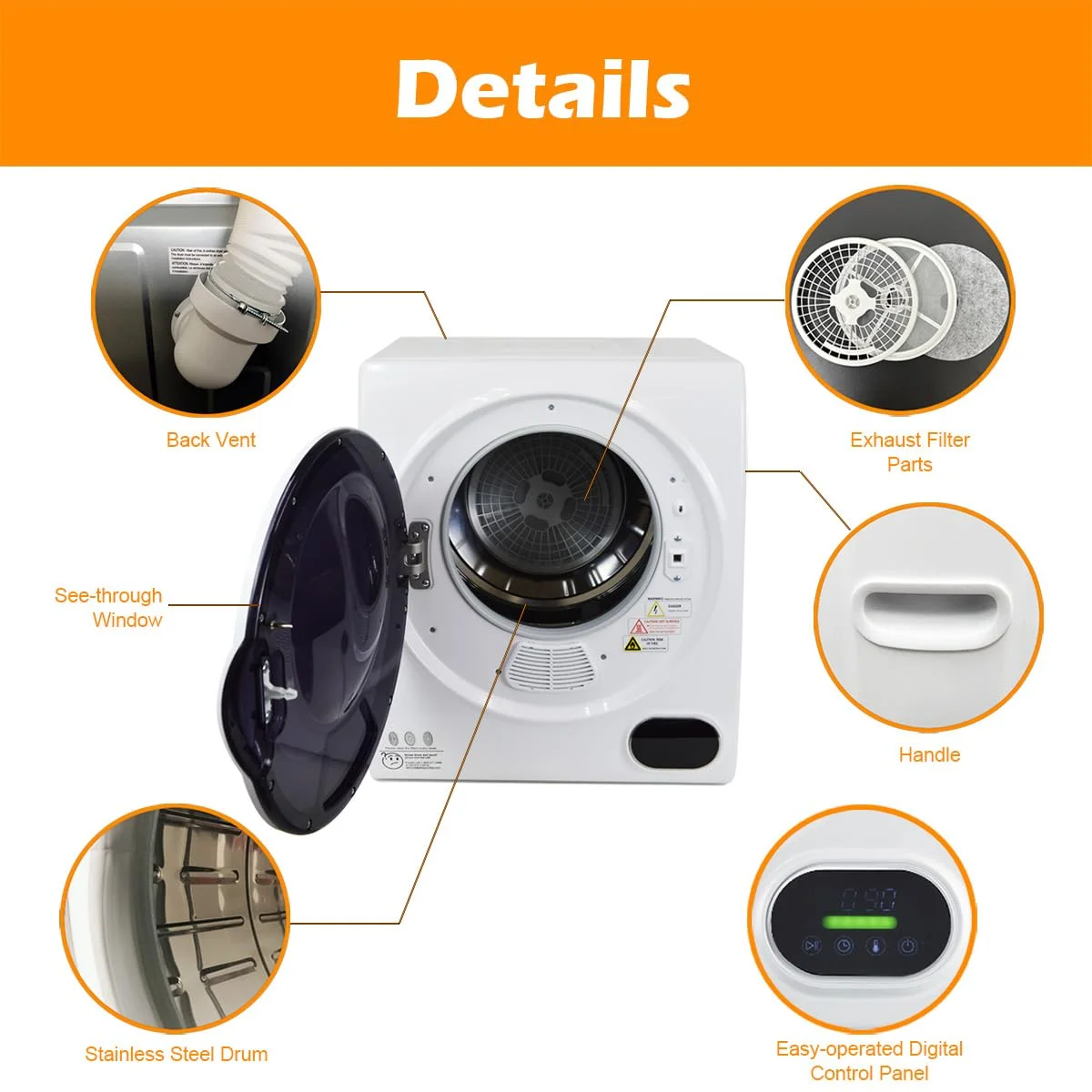 Panda 1.50 cu. ft Small 110V 850W Electric Compact Laundry Dryer with Stainless Steel Drum