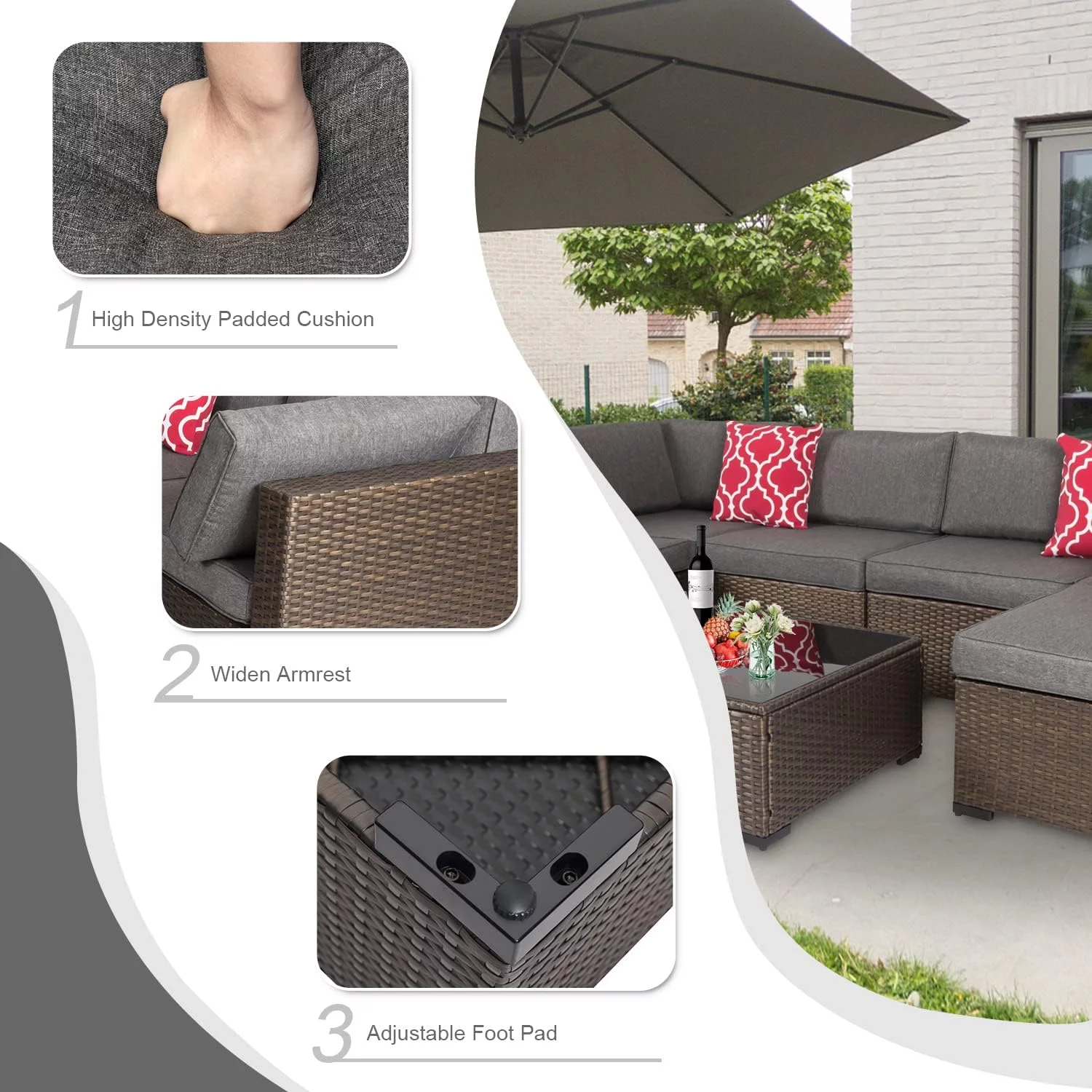 Kinbor 7pcs Outdoor Patio Furniture Set Wicker Sectional Sofa with Gray Cushions - Radiant Selections