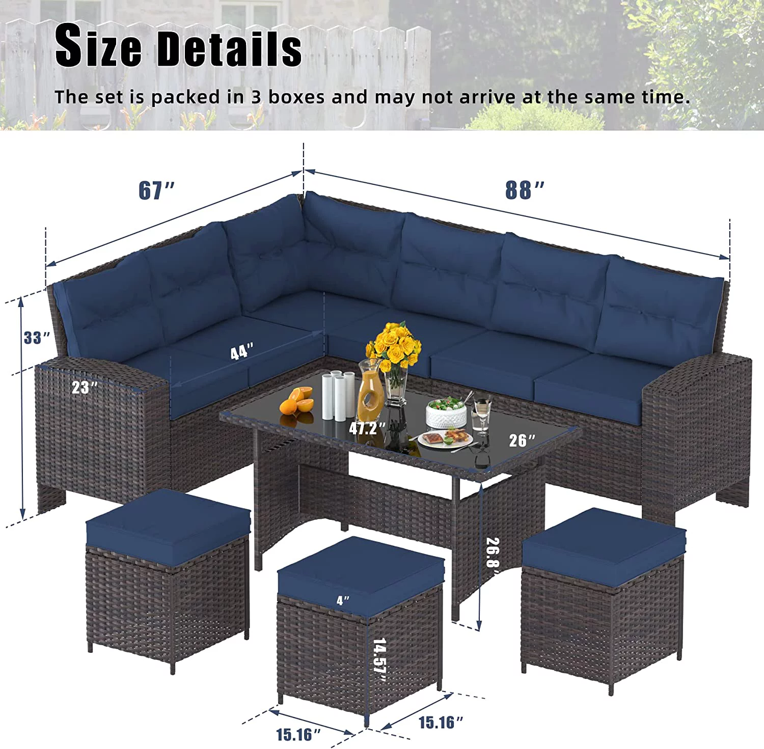ALAULM 7 Pieces Outdoor Patio Furniture Set with Dining Table Outdoor Dining Set Sectional Sofa Brown Rattan Patio Conversation Set with Red Cushions