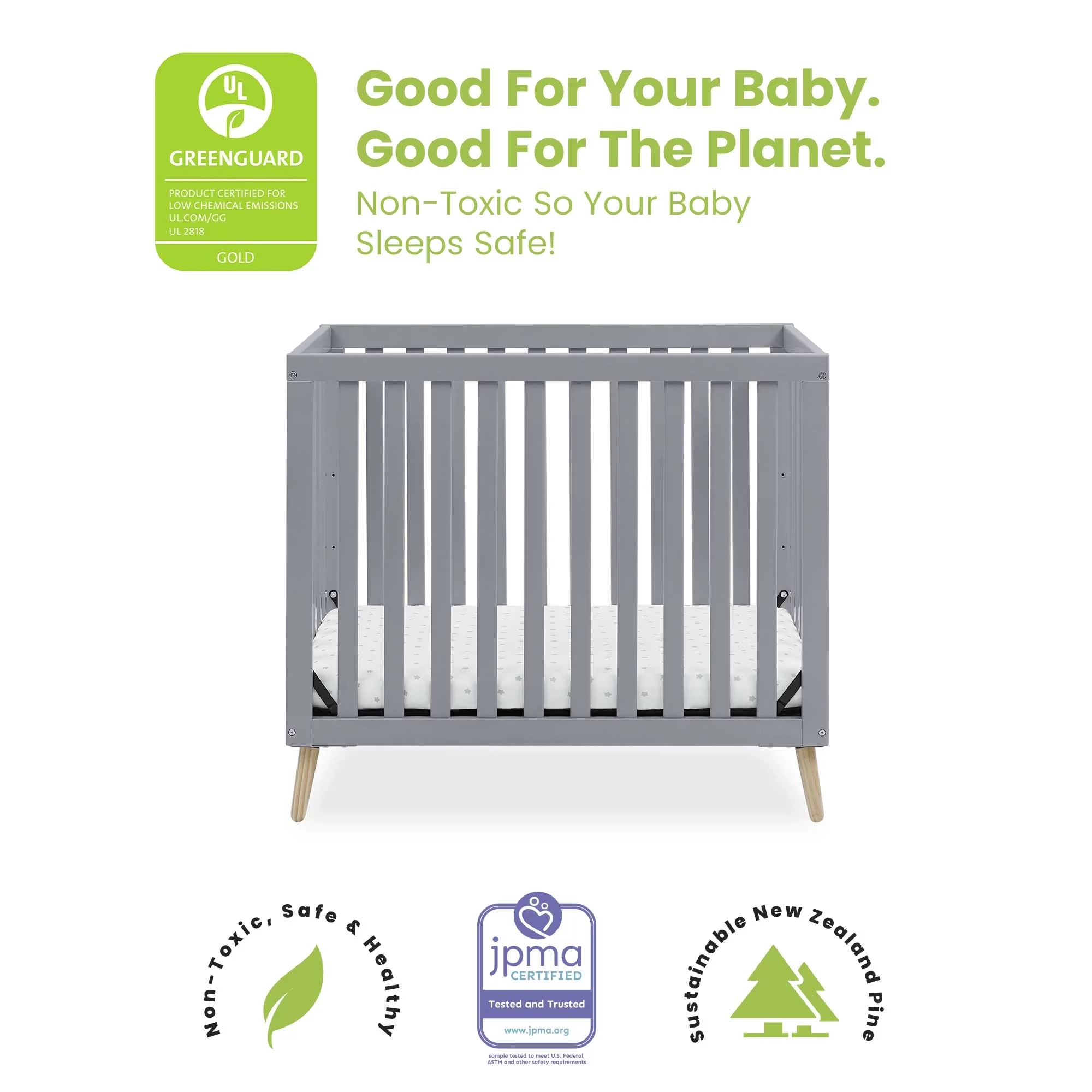 Delta Children Essex Convertible Mini Baby Crib with 2.75-Inch Mattress, Grey w/Natural