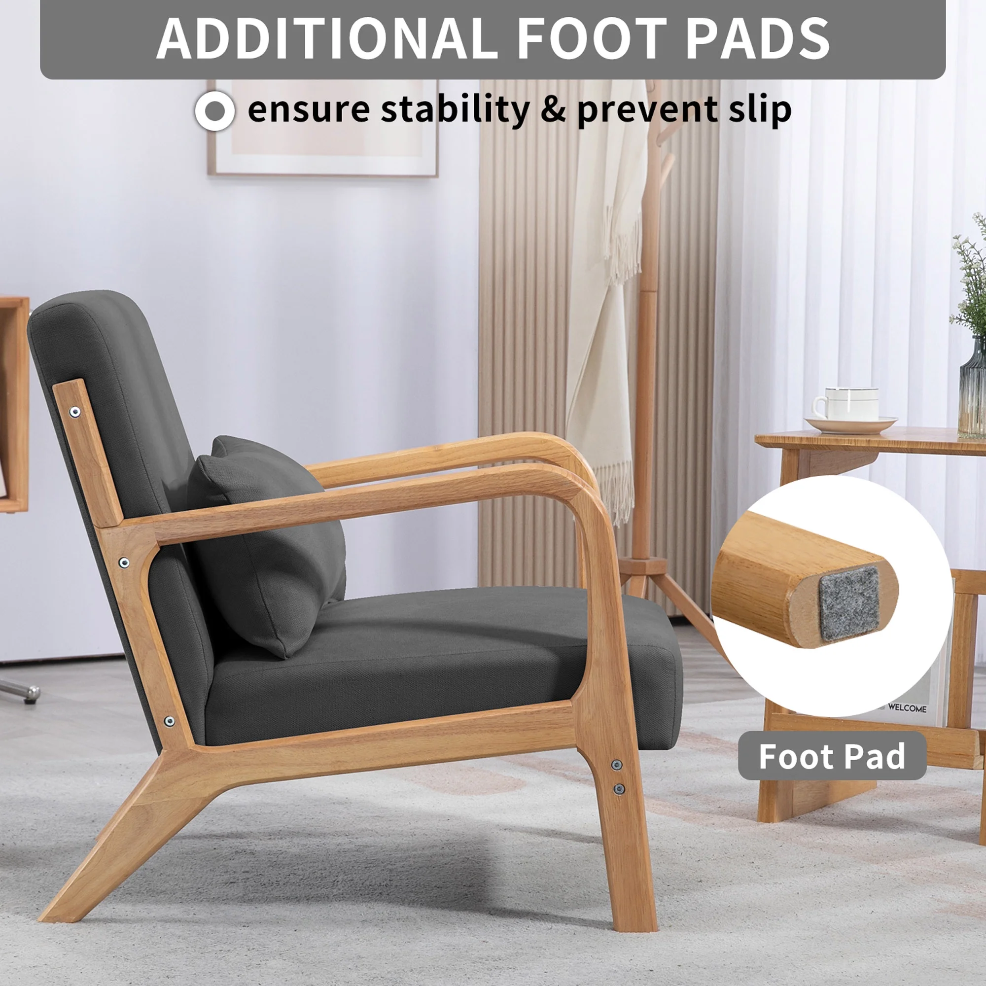 BIGWOO Leisure Sofa with Solid Wood Armrest Modern Chair, Single Seat Dark Gray