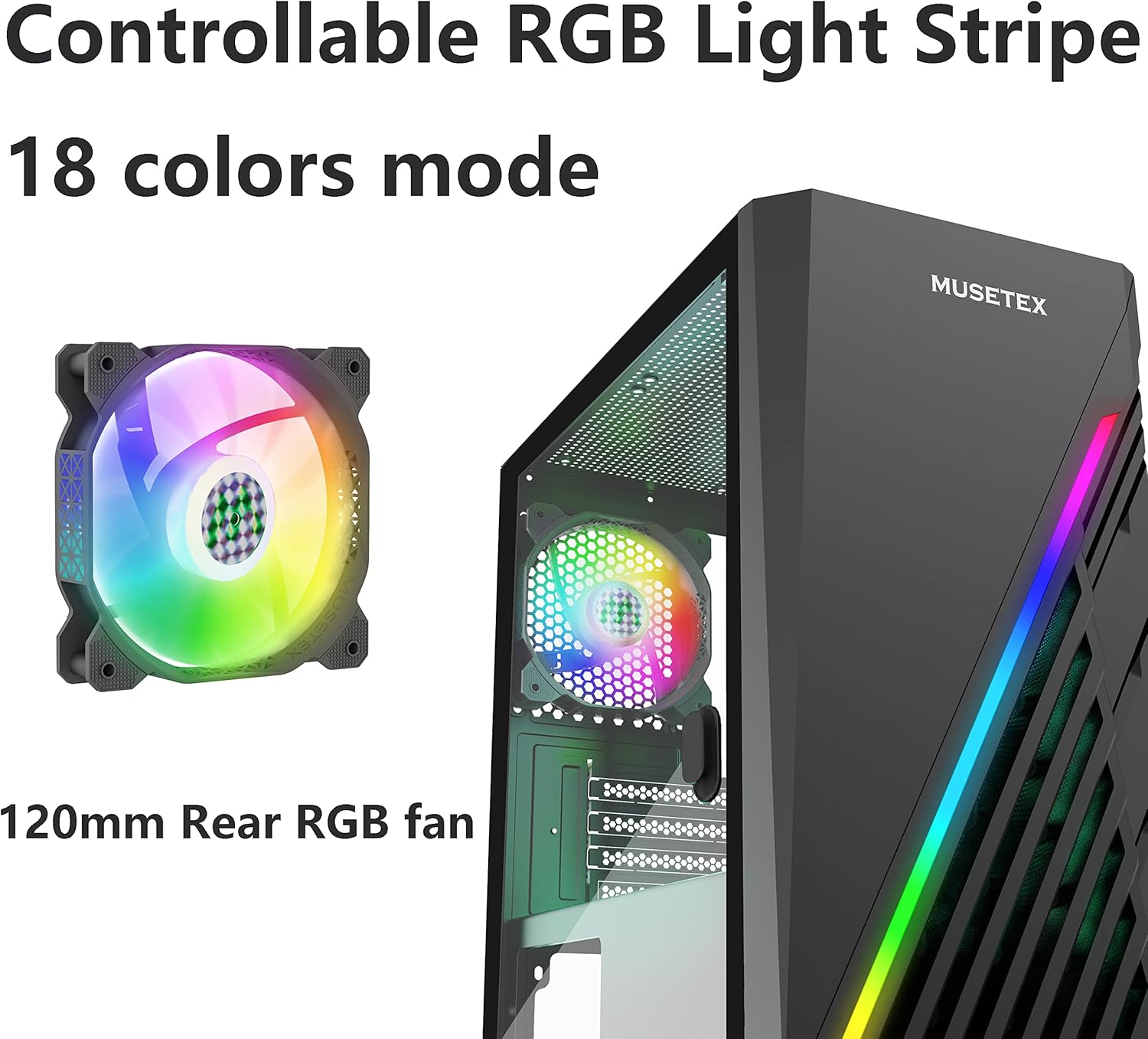 MUSETEX Micro ATX Case, Light Strip LED Computer Case with ARGB Fan, PC Gaming Case Mid Tower Case