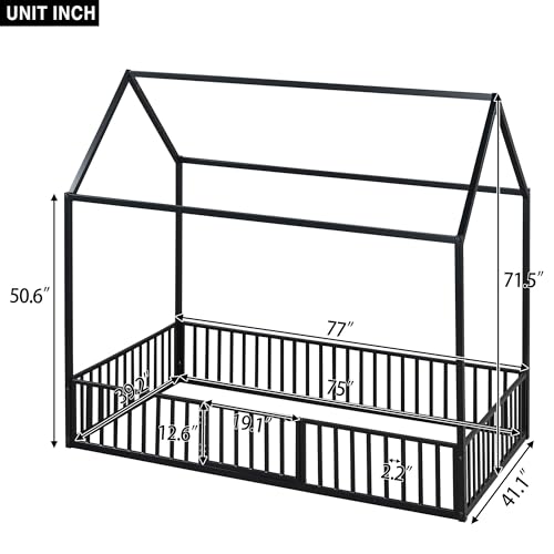 Merax Twin Size Montessori Floor Bed, Metal House Bed Frame with Roof for Kids, Teens, Girls, and Boys, No Box Spring Needed, Black