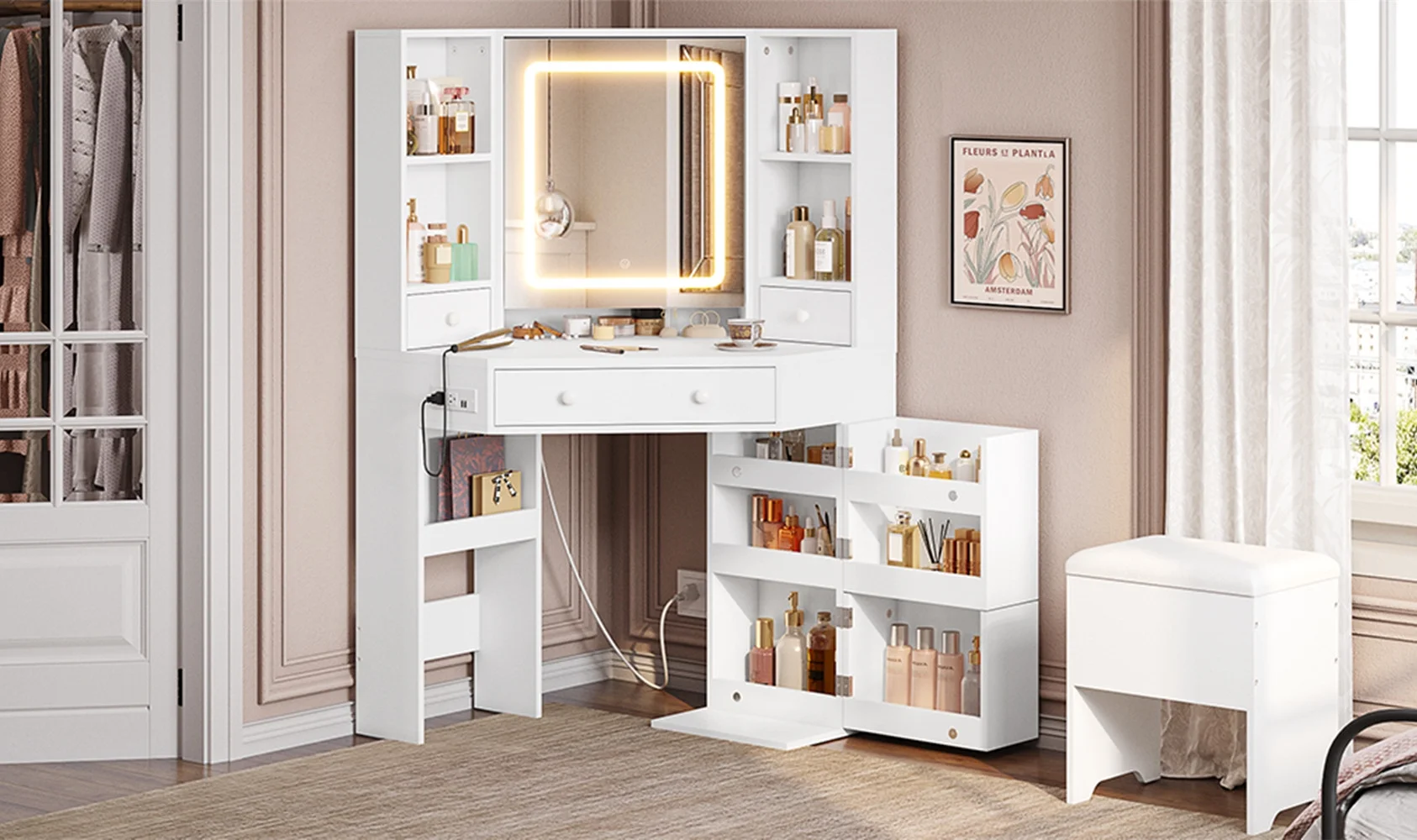 Makeup Corner Vanity Desk with with Mirror and Lights and Charging Station