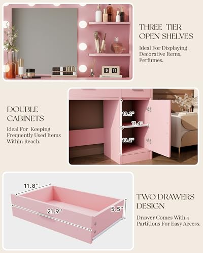 Vanity Desk with Mirror and Lights, Makeup Vanity with Drawer & Storage Shelves, Cabinet, 3 Lighting Modes Adjustable Brightness
