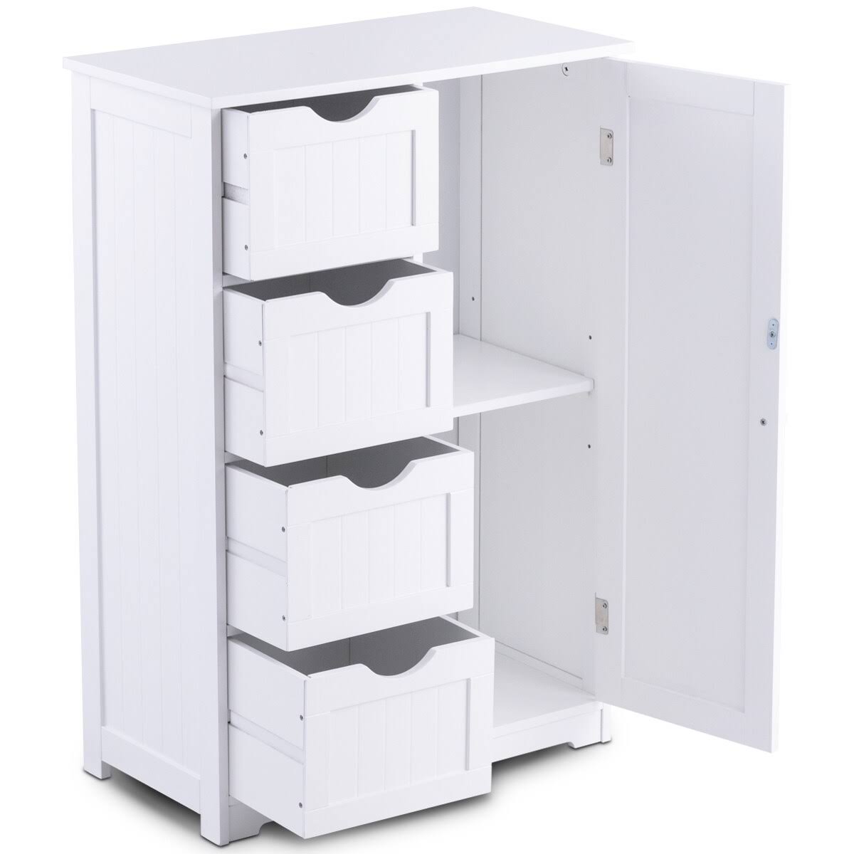 4-Drawer White Wooden Bathroom Cabinet Free Standing Cupboard