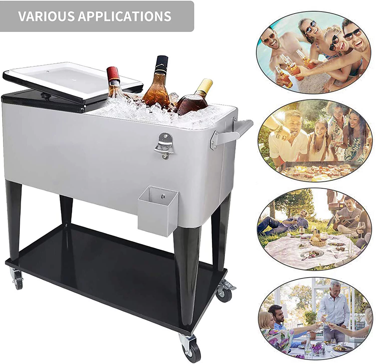 FreeLung 80QT Rolling Cooler Cart with Wheels Ice Chest Outdoor Backyard Coolers on Wheels Silver - Radiant Selections