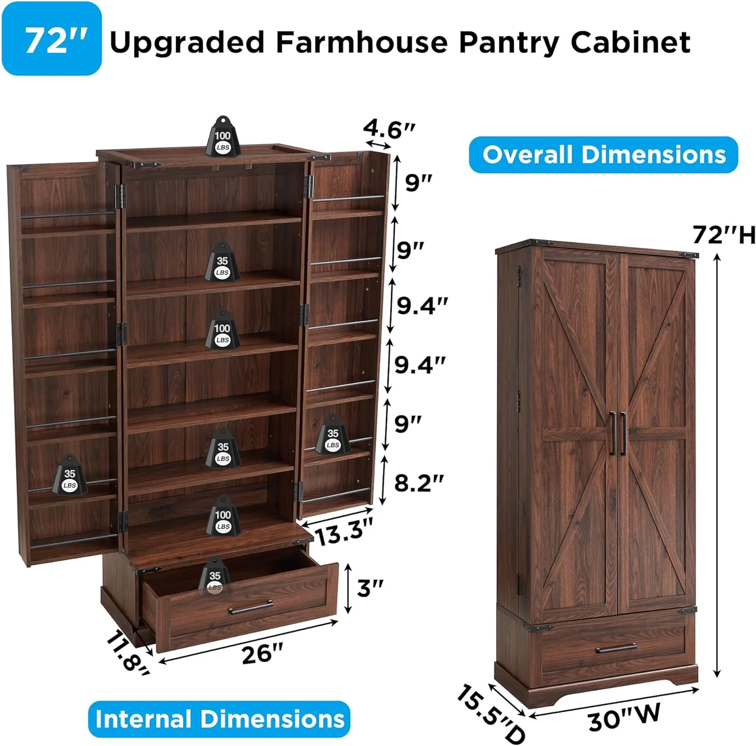 ACCOHOHO Farmhouse 72" Tall Kitchen Pantry Cabinet with 2 Doors, Large Drawer Shelves Wood Storage Cabinet for Dining Room Living Room, Brown