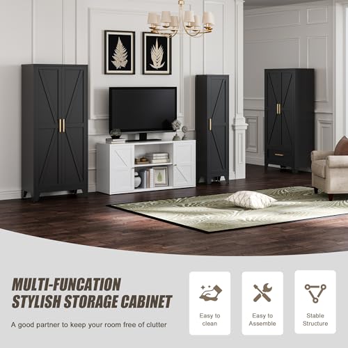 Tall Bathroom Cabinet,Narrow Metal Storage Cabinet with 5 Adjustable Shelves and Single Barn Door,Slim Pantry Storage Organizer for Bathroom,Kitchen