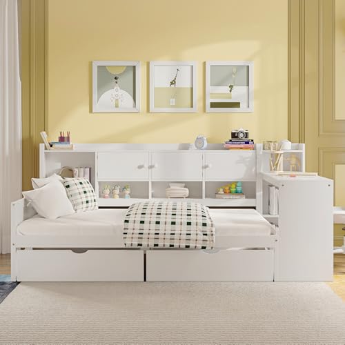 Corner Twin Bed Frame with Bookcase Storage and Desk, Wood Day Beds with 2 Drawers, Twin Size Daybed with Storage for Living Room
