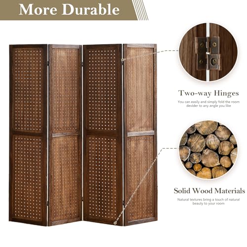 4 Panel Room Dividers and Folding Privacy Screens, 5.6Ft Wooden Pegboard Display, Privacy Dividers for Bedroom