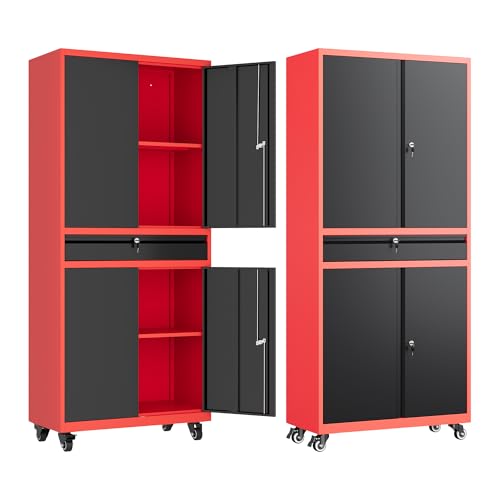 Letaya Metal Garage Storage Cabinet with Drawer,4 Door Tool Cabinet with Lock-2 Adjustable Shelves for Garage Home Office Utility Room (Black)