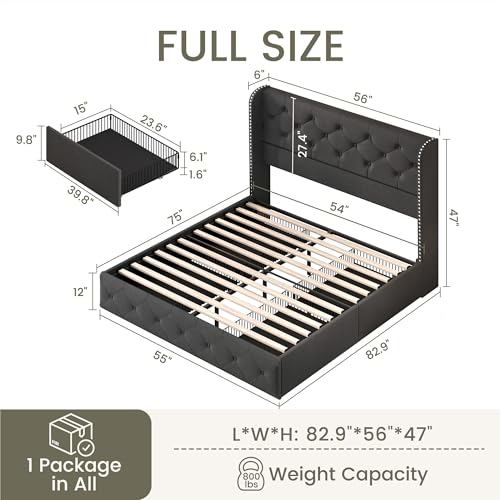 King Size Bed Frame with 4 Storage Drawers and Tufted Headboard Linen Upholstered Platform Bed Frame Wingback Beds with Wooden Slats Support